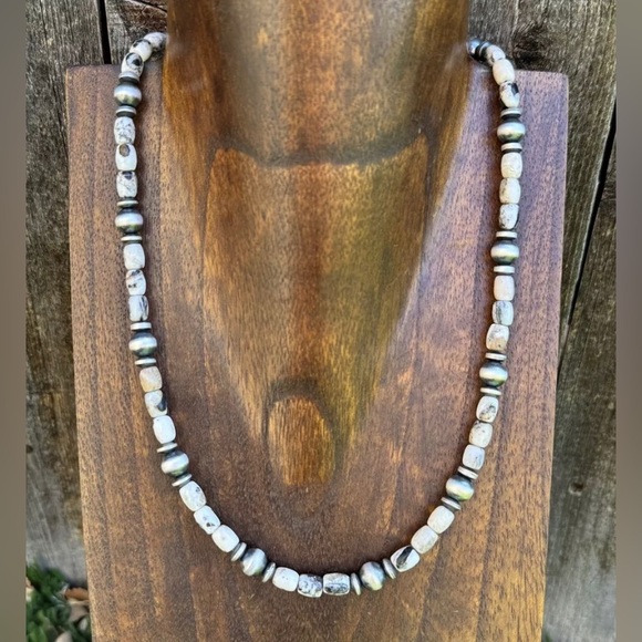 Sterling Silver White Buffalo Turquoise Bead W Pearls Necklace. 18 inch